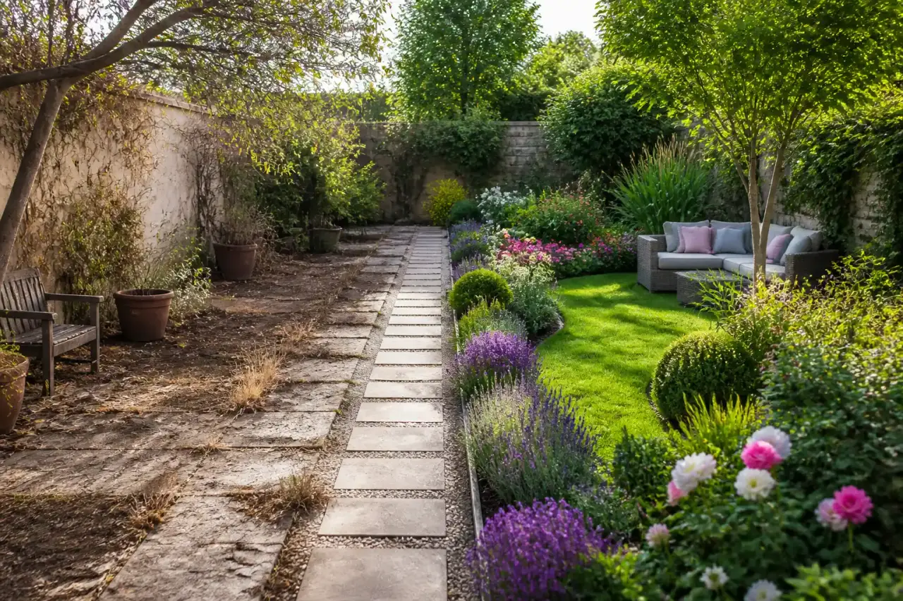 Jardin transformé en oasis paysagère avec pergola, massifs fleuris et lumière dorée