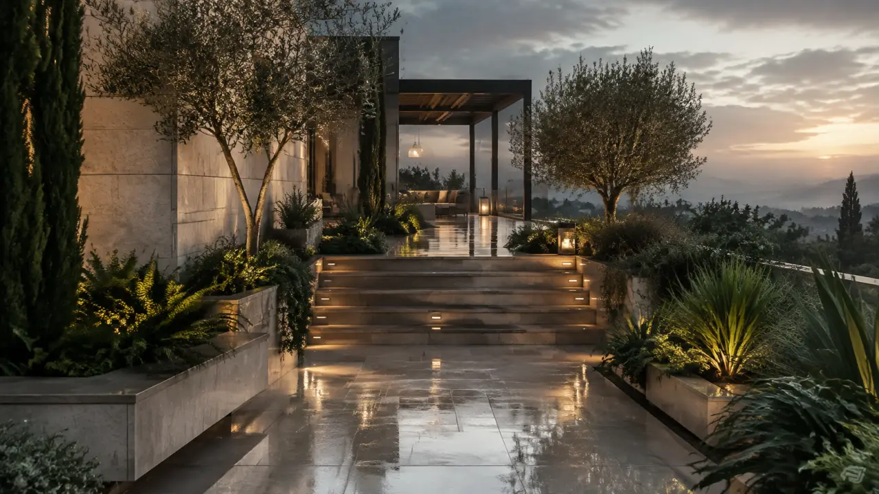 Terrasse minérale réchauffée par une composition de plantes en pots et de grimpantes