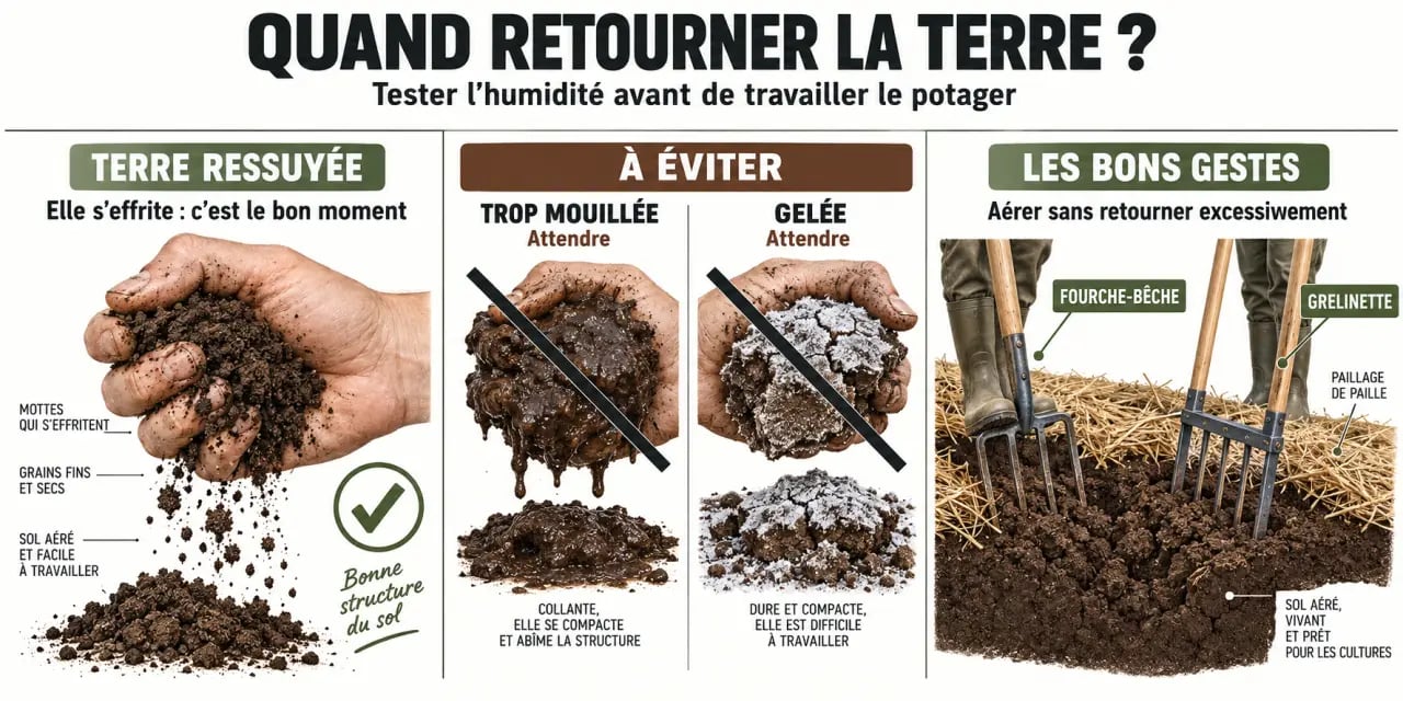 Quand retourner la terre du potager selon l'humidité du sol et l'outil utilisé