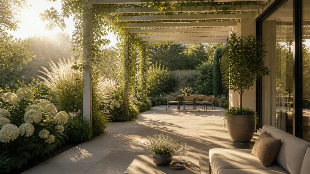Pergola moderne en bois et métal, enlacée par des plantes grimpantes, baignée par la lumière dorée du soir
