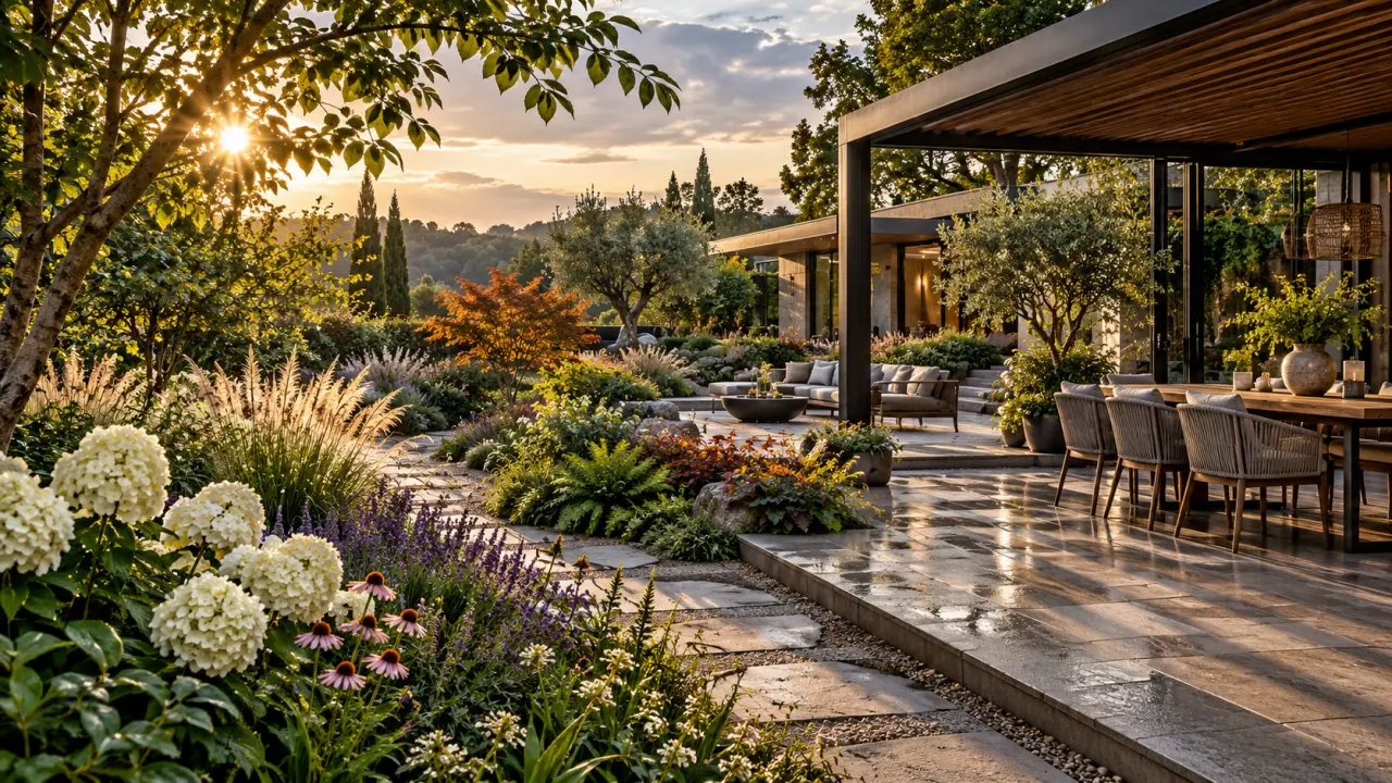 Jardin paysager composé de floraisons, de feuillages et d'une pergola élégante