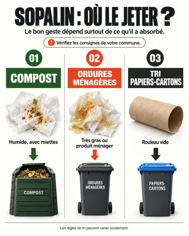 Infographie sur le sopalin compost et les différentes destinations de l’essuie-tout selon son état