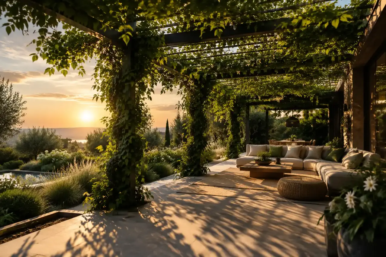 Pergola contemporaine enlacée de plantes grimpantes et de fleurs à la lumière dorée