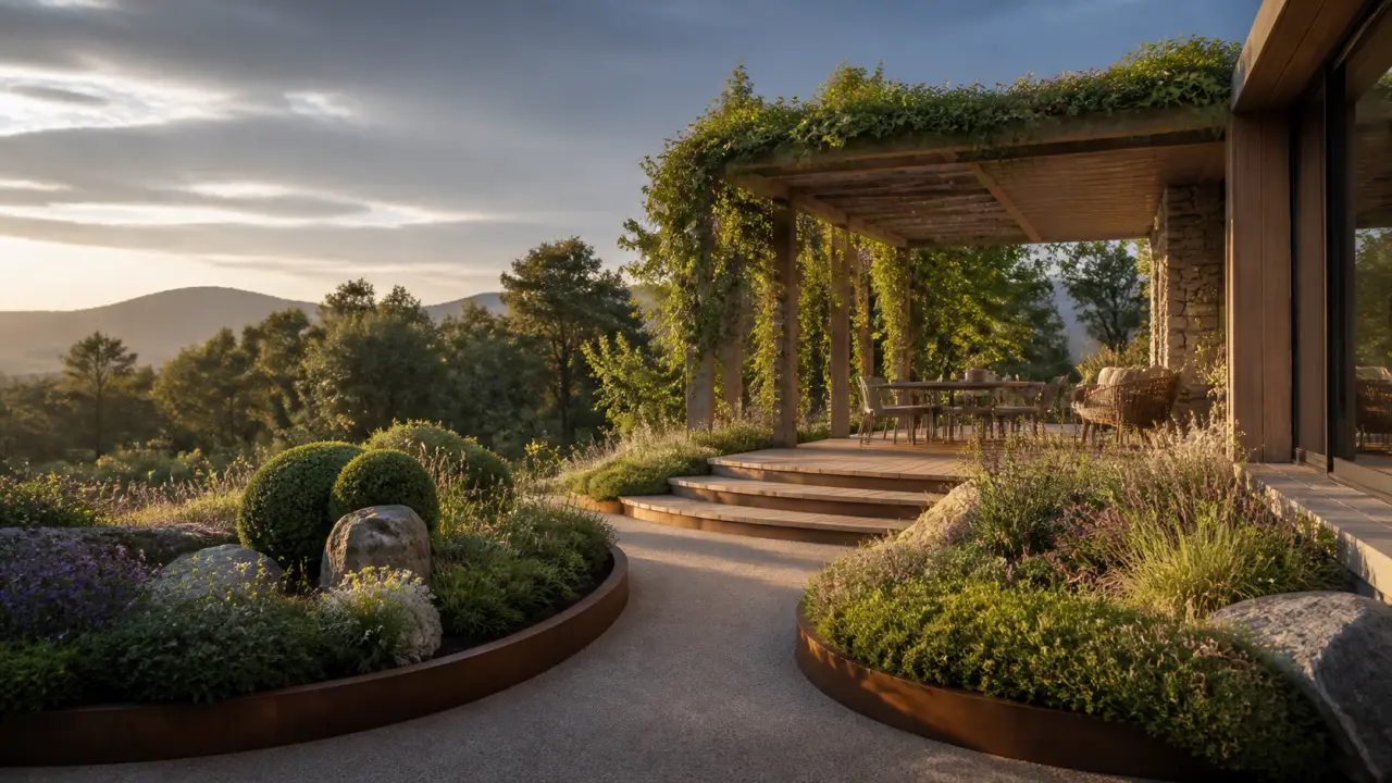 Pergola moderne enlacée de plantes grimpantes et de fleurs, dans une lumière de fin de journée