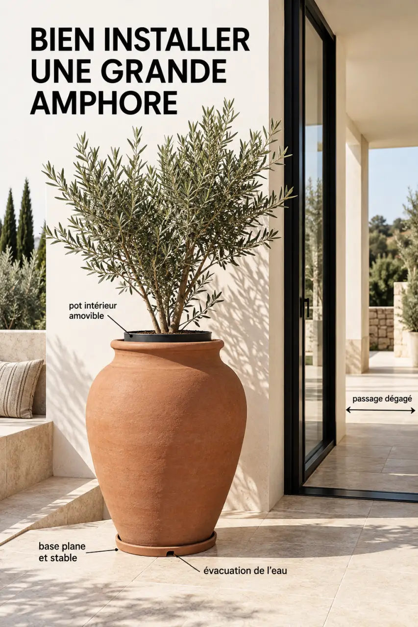 Amphore en terre cuite stable sur une terrasse avec plante et drainage adapté