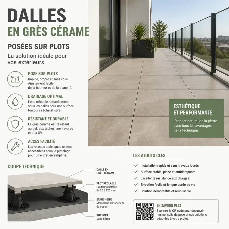 Revêtement sol balcon en grès cérame posé sur plots