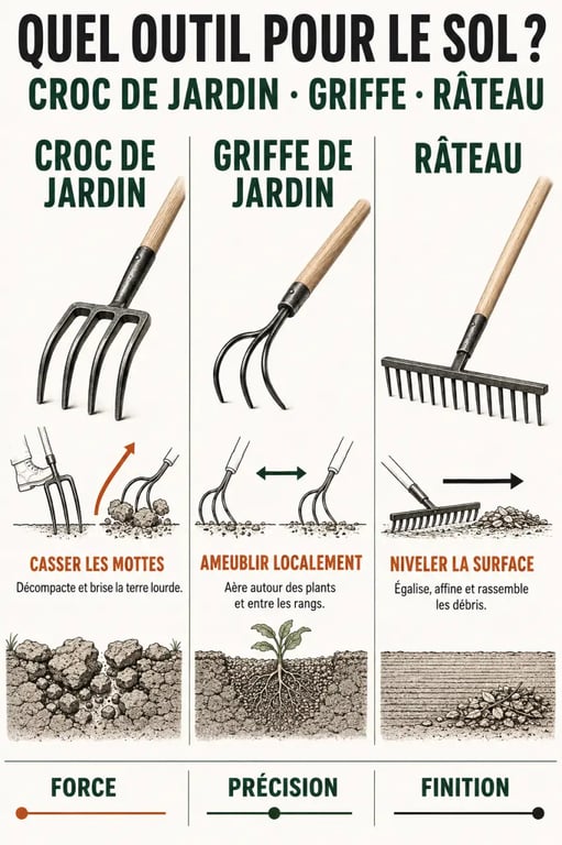 Infographie sur le croc pour jardinage, la griffe et le râteau selon leurs usages