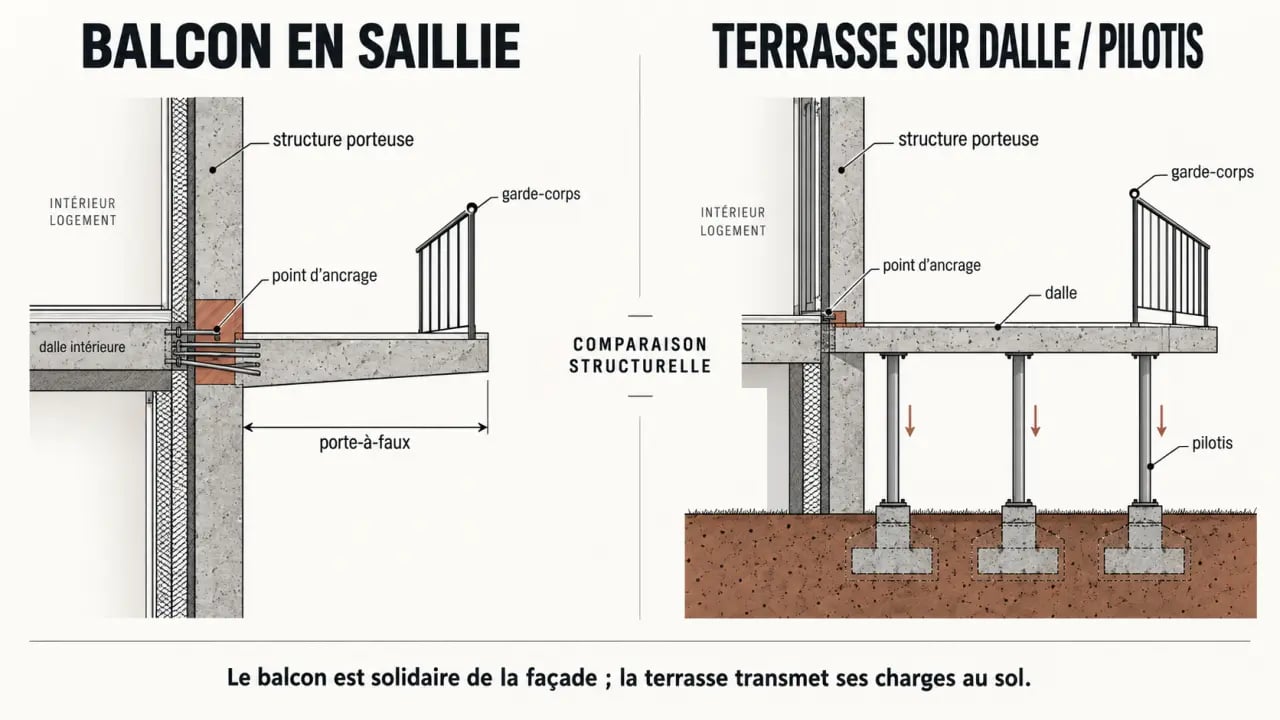 Schéma comparatif de la différence balcon terrasse montrant la structure en saillie et la dalle porteuse