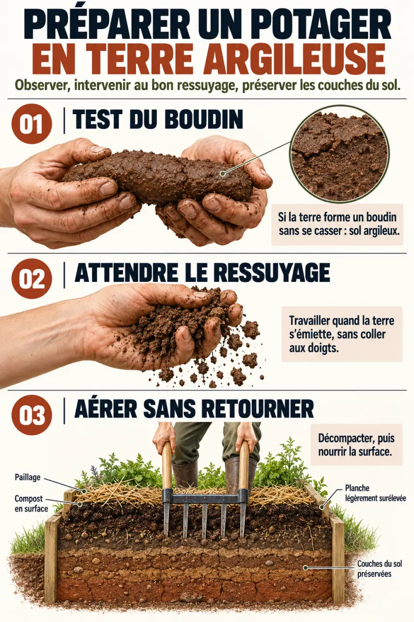 Infographie sur la préparation d’un potager en terre argileuse avec test du boudin, ressuyage et grelinette