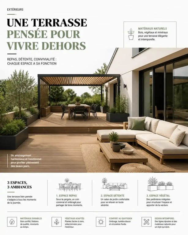 Aménagement terrasse devant maison moderne avec zones repas et détente
