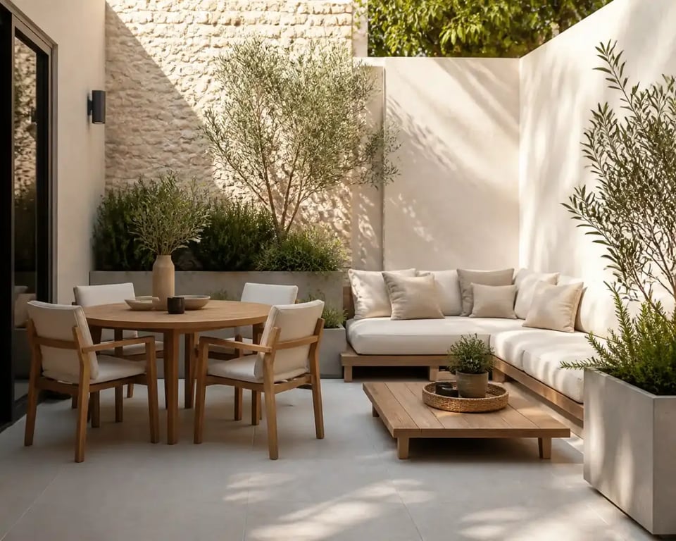 Aménagement patio extérieur cosy avec mobilier compact, bois clair et plantes en bacs