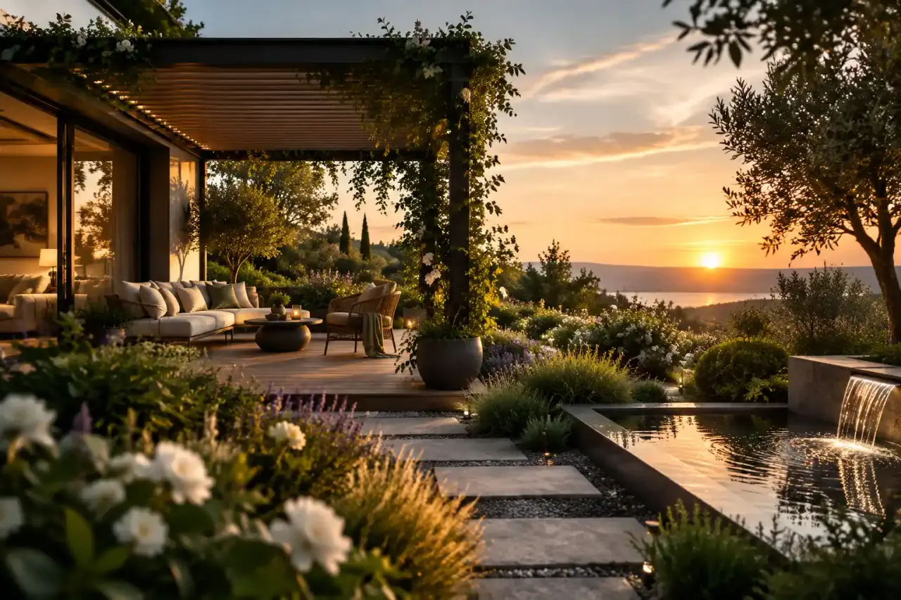 Terrasse haut de gamme avec pergola moderne et végétation luxuriante
