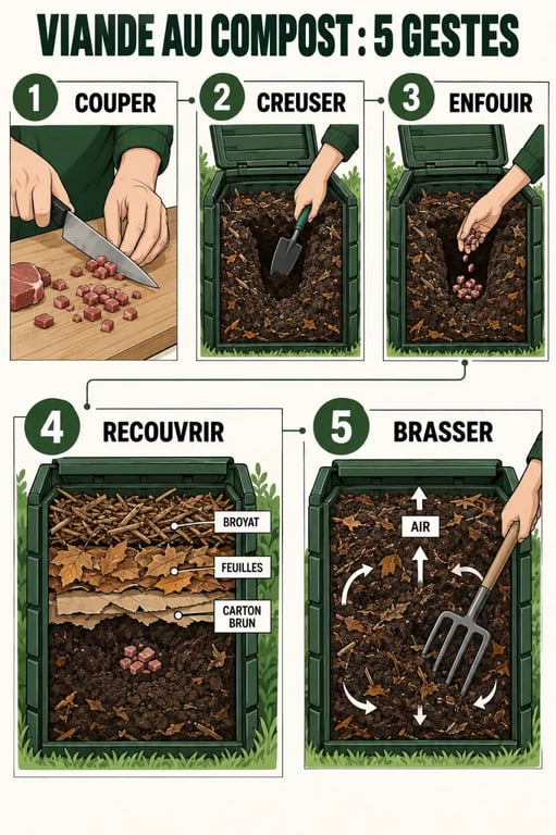 Viande compost : gestes pour enfouir et recouvrir les restes avec de la matière sèche