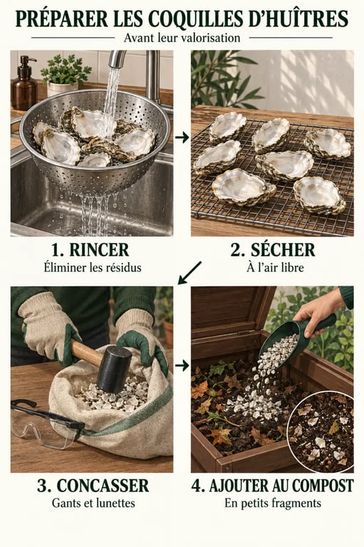 Étapes de préparation des coquilles d’huîtres au compost : rinçage, séchage, concassage et ajout au composteur