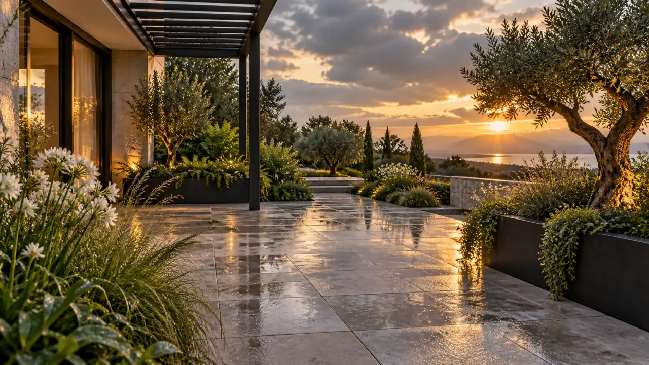 Une terrasse minérale transformée en oasis végétale luxuriante