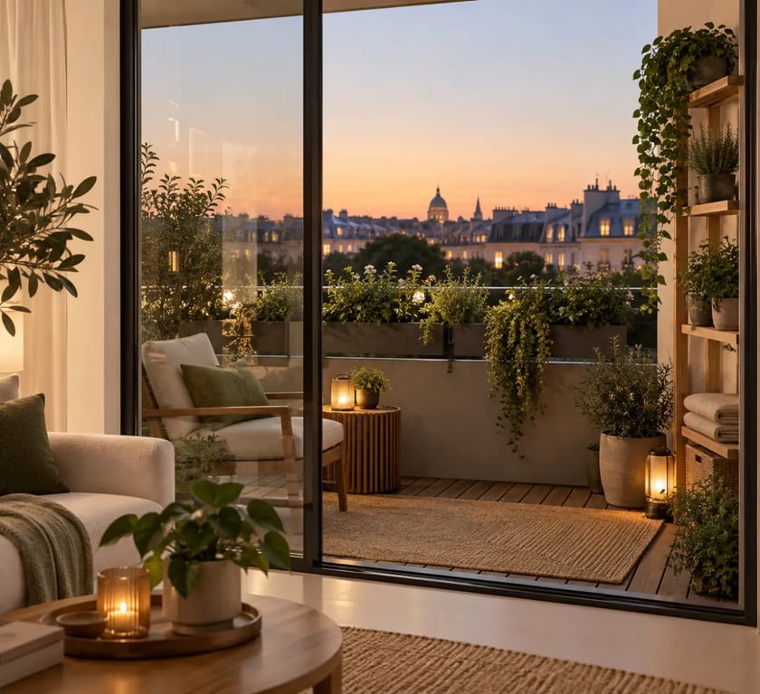 Décoration balcon extérieur végétalisé avec éclairage du soir et jardin vertical