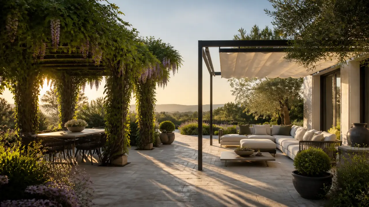 Pergola moderne enlacée par des plantes grimpantes au crépuscule