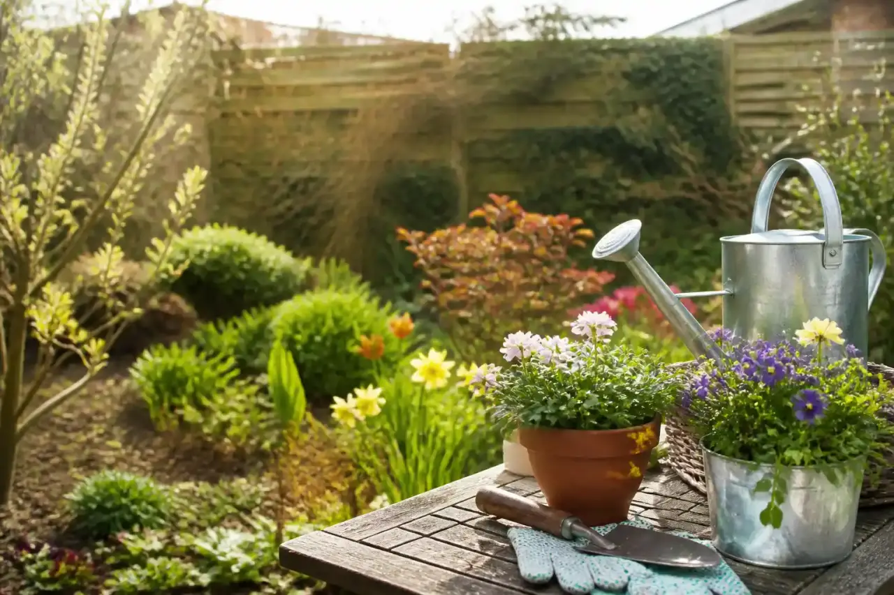 Pergola moderne en bois et métal enlacée par des plantes grimpantes au soleil couchant