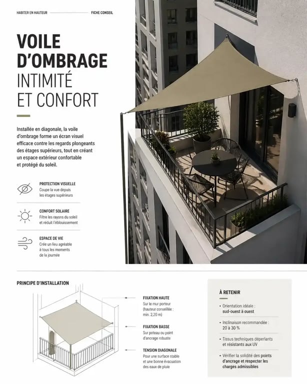 Voile d'ombrage sur une terrasse en hauteur pour se protéger du vis-à-vis plongeant
