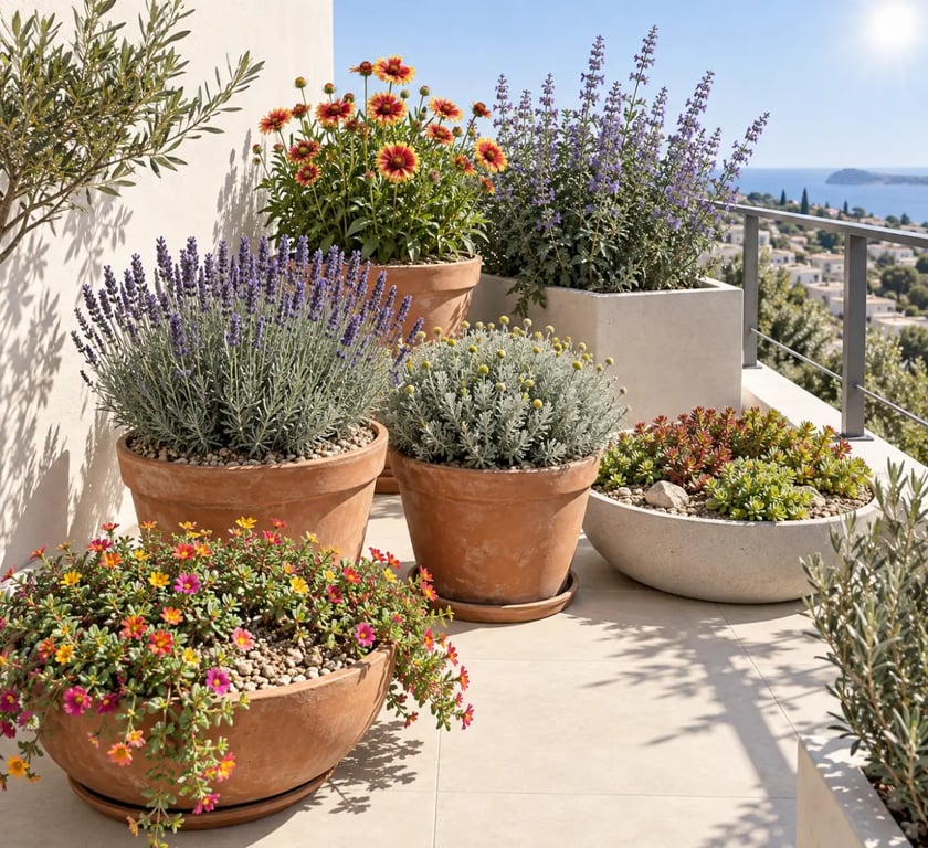 Plantes plein soleil sans arrosage balcon en pots et jardinière sur un balcon exposé sud