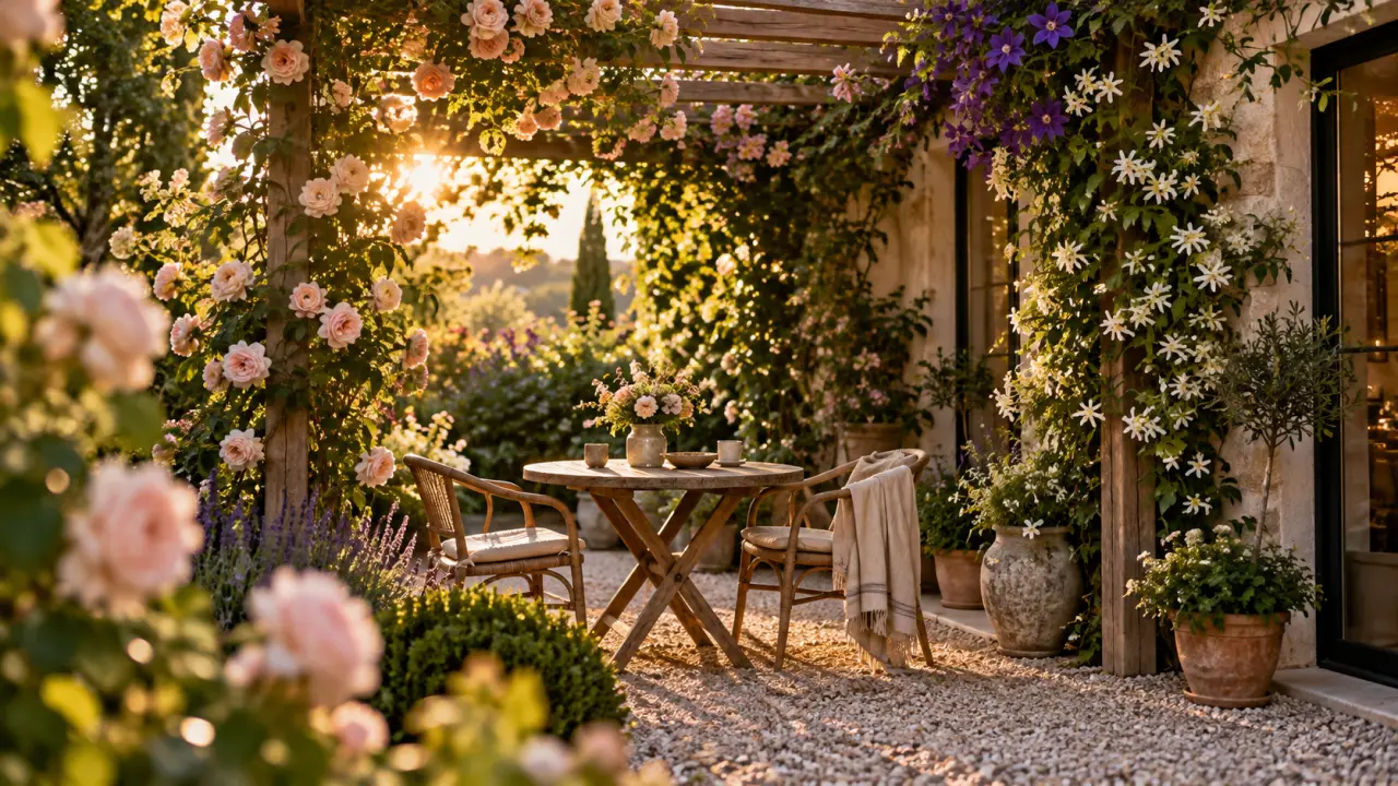 Pergola fleurie élégante entourée de plantes grimpantes dans un jardin