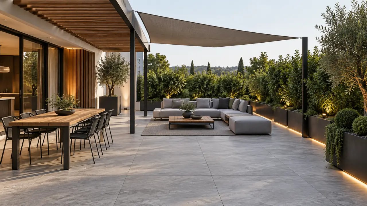 Terrasse extérieure moderne aménagée avec coin repas, espace détente, plantes et éclairage
