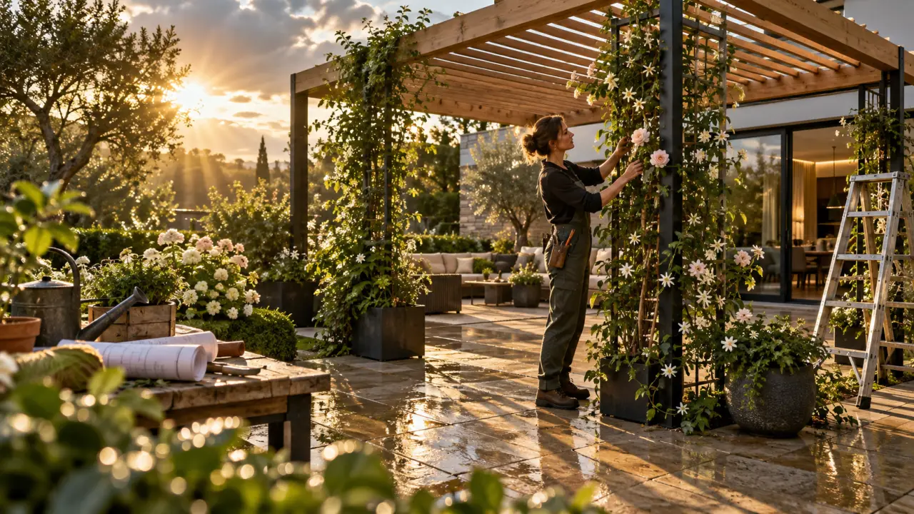 Pergola élégante en bois et métal couverte de plantes grimpantes et de fleurs colorées