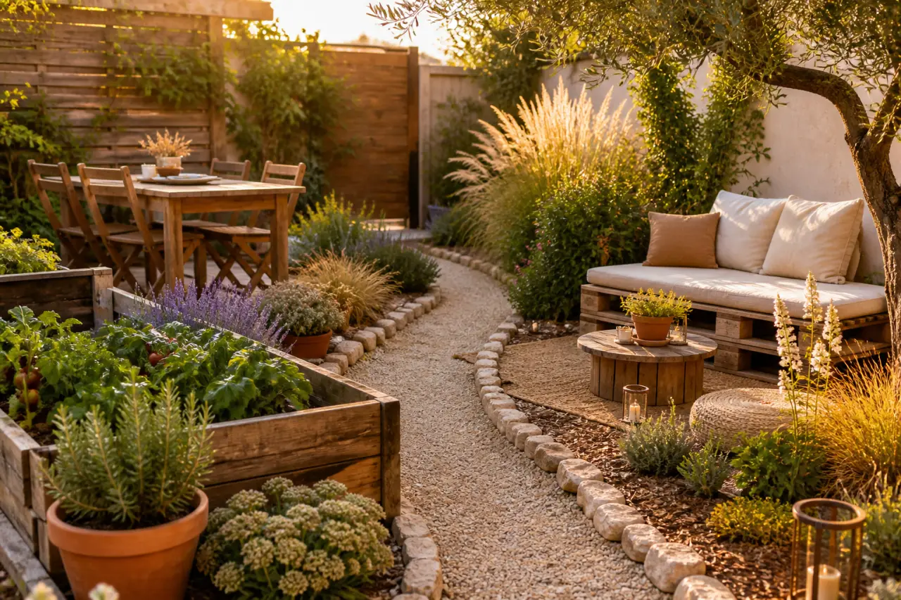 Aménagement jardin pas cher : zones claires, matériaux simples et plantes durables
