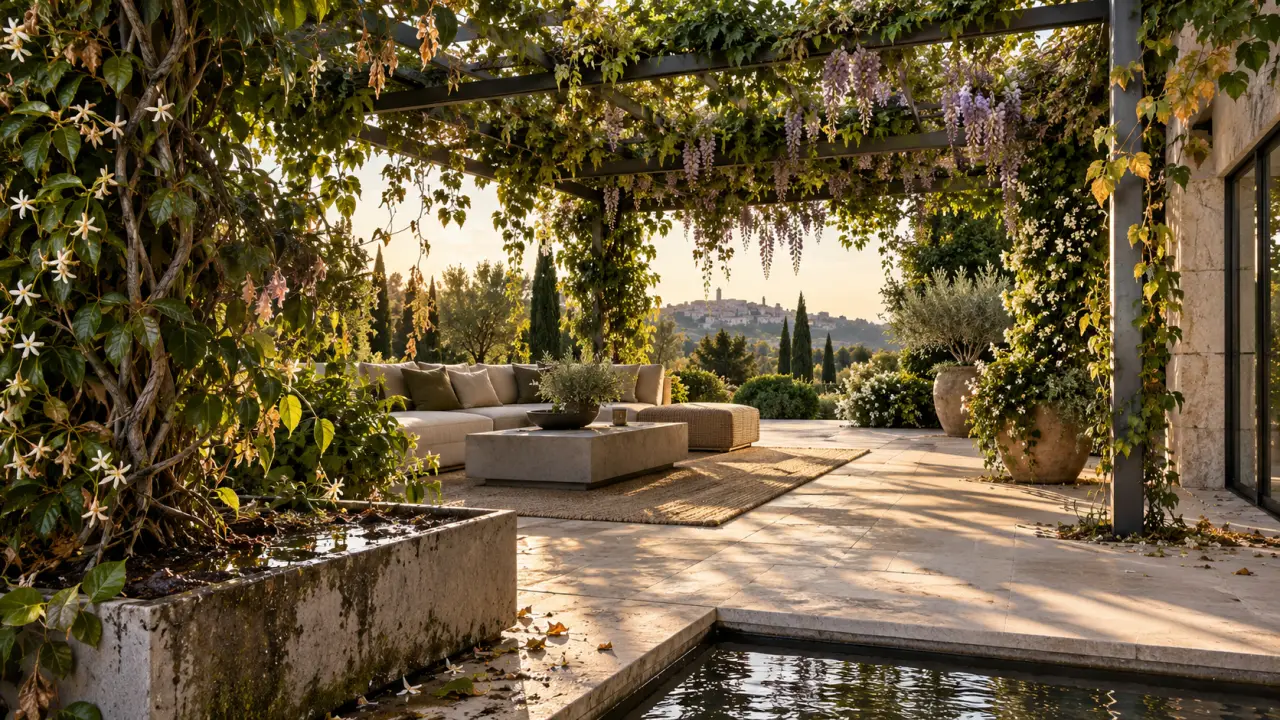 Pergola moderne couverte de plantes grimpantes et de fleurs à la lumière dorée