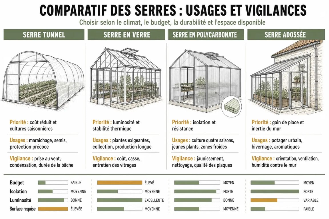 Aménagement serre de jardin selon le type de serre : tunnel, verre, polycarbonate et adossée