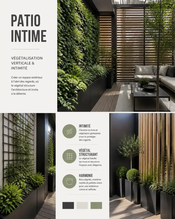 Aménagement patio extérieur avec végétalisation verticale et intimité renforcée