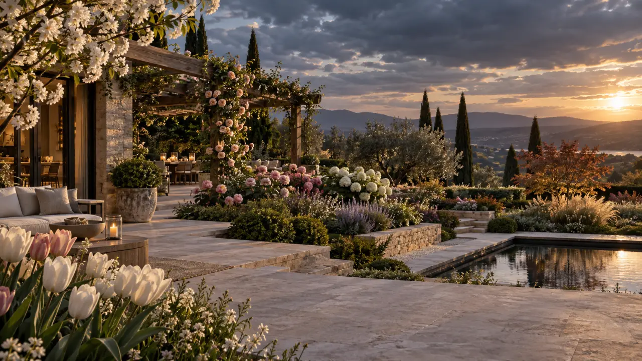 Pergola élégante entourée de fleurs et de plantes grimpantes dans un jardin paysager