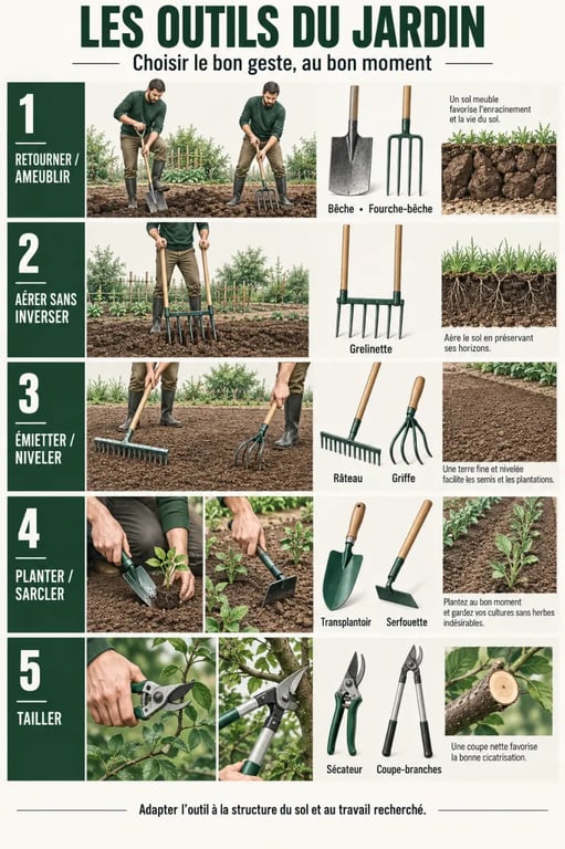 Infographie sur l’outillage de jardin et les usages de la bêche, de la grelinette, du râteau, du transplantoir et du sécateur