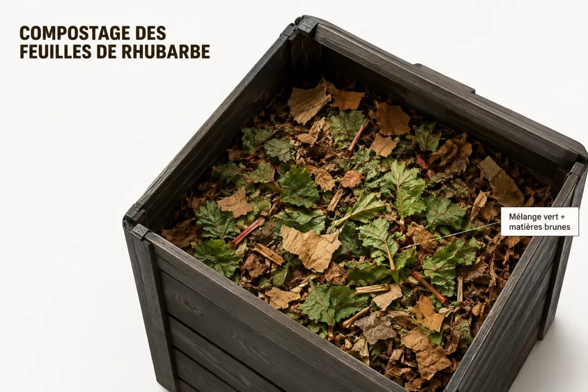 Feuille de rhubarbe compostée dans un composteur de jardin, hachée et mélangée à des matières brunes