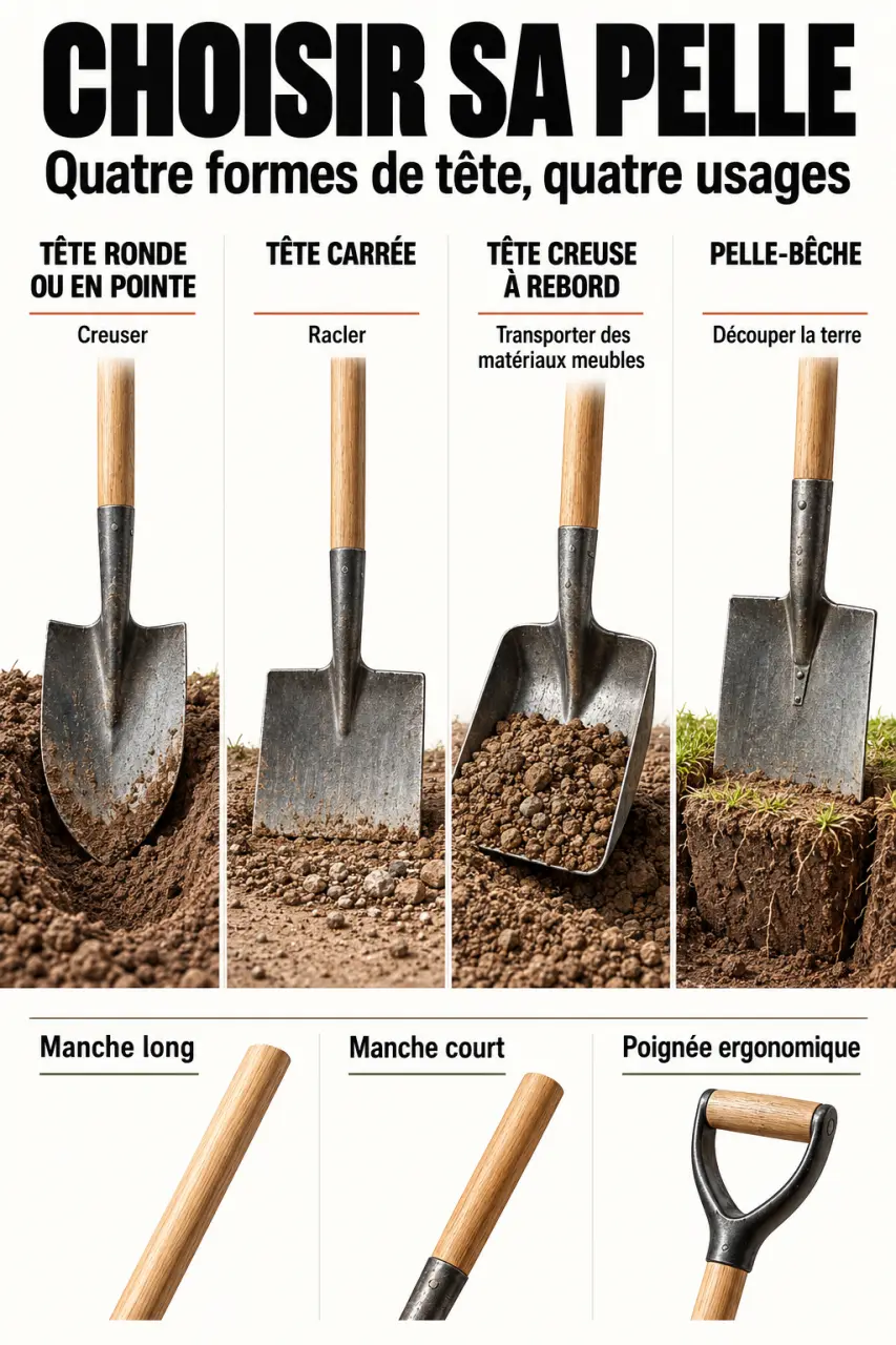 Infographie comparative des pelles de jardinage selon la forme de tête et l’usage
