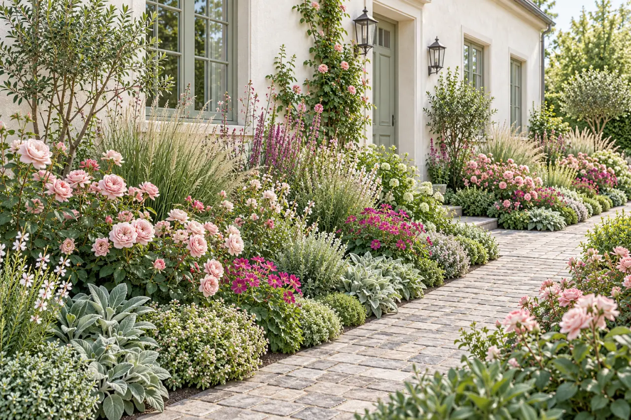 Idée d’aménagement paysager champêtre pour un jardin devant maison avec allée fleurie