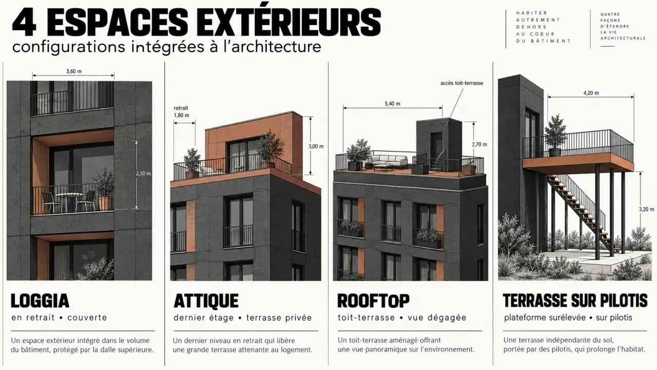 Illustration des différences entre loggia, attique, rooftop et terrasse sur pilotis