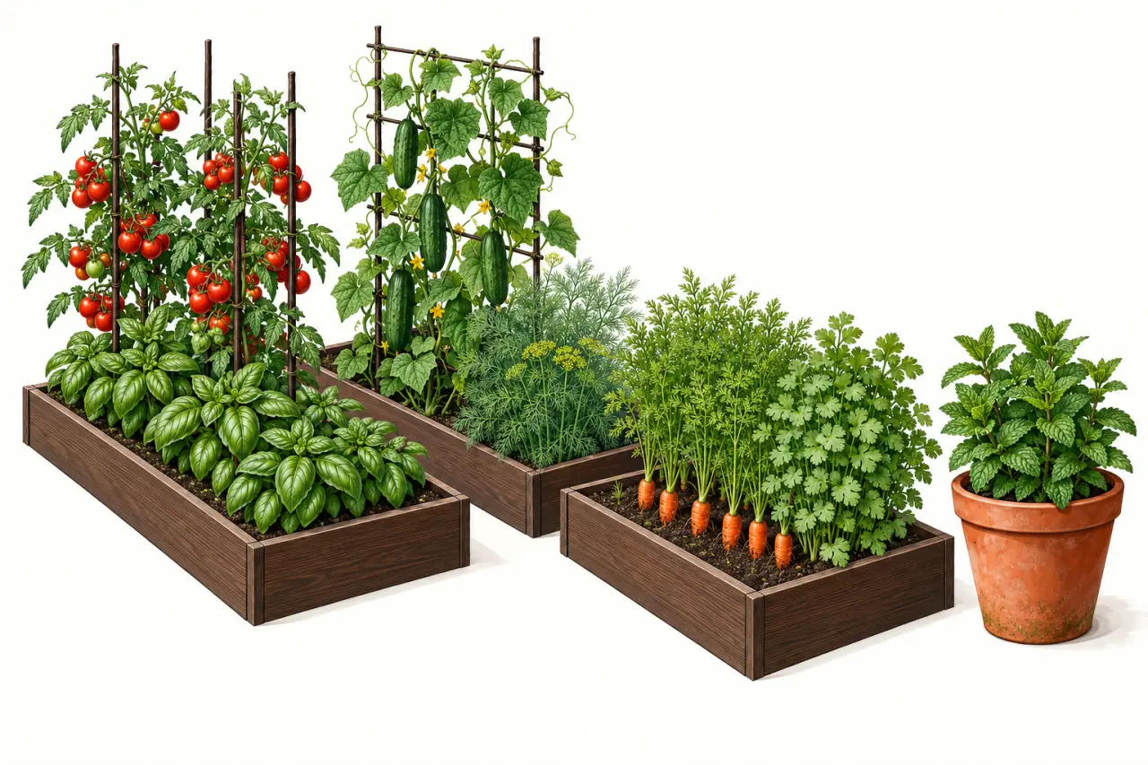 Potager aromatique montrant les associations de plantes compagnes et la menthe en pot