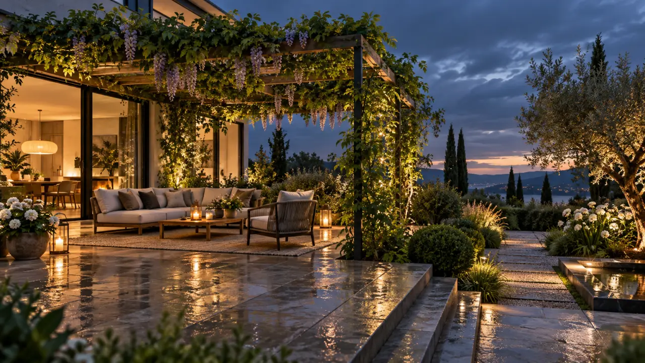 Pergola élégante couverte de plantes grimpantes dans un jardin paysager