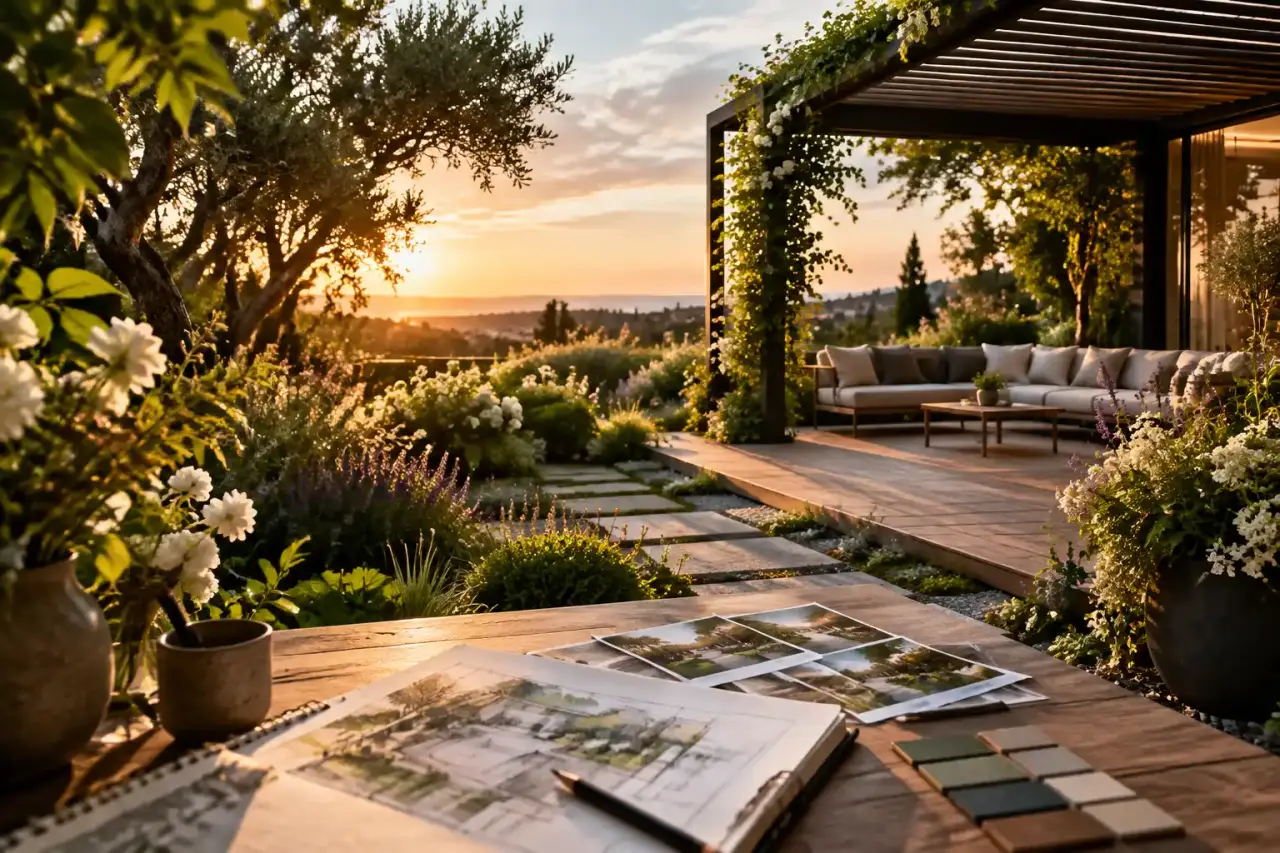 Esquisses de design paysager et échantillons botaniques sur une table en bois de l'Atelier PetalFrame
