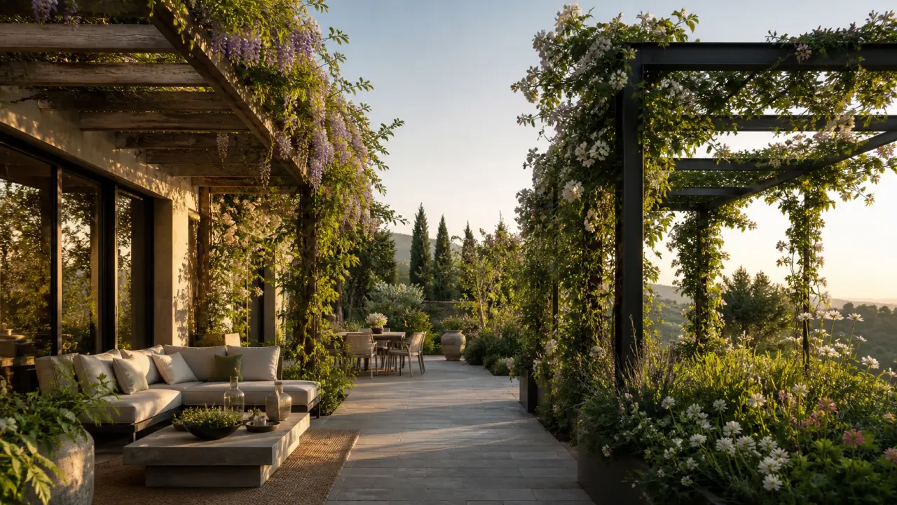 Pergola moderne en bois et métal enlacée par des plantes grimpantes et des fleurs colorées au coucher du soleil