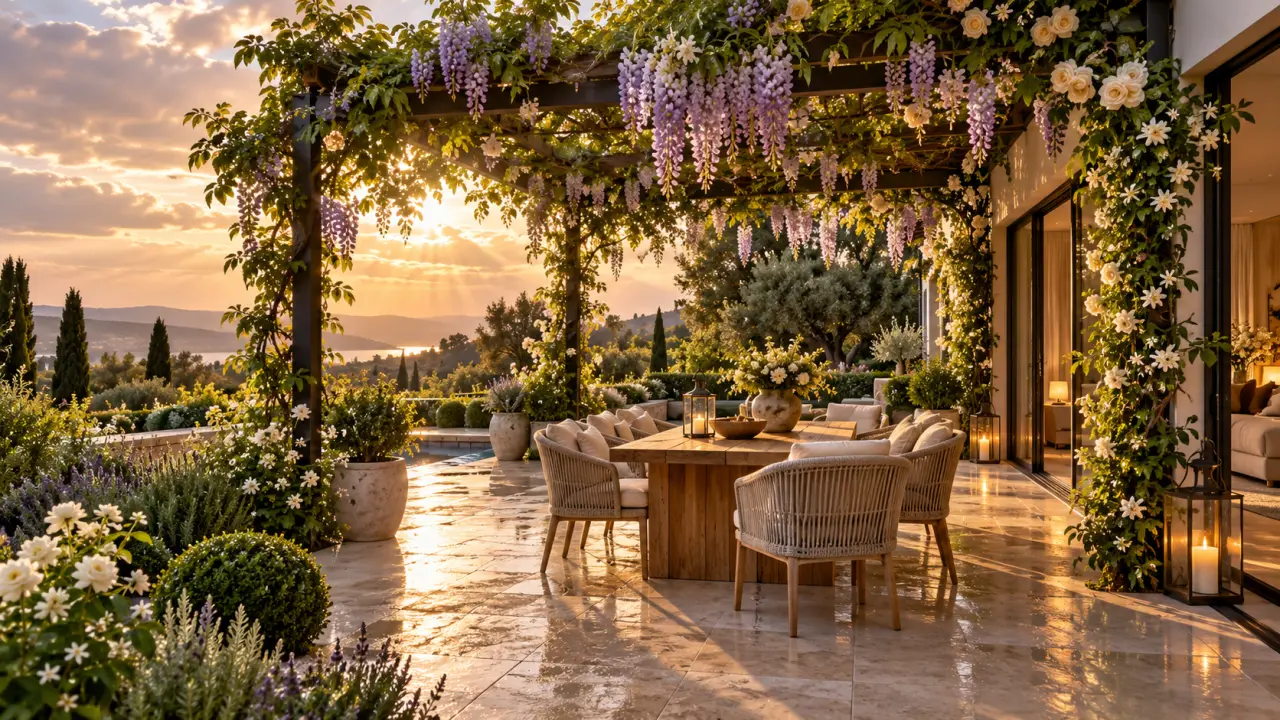 Pergola fleurie aménagée sur une terrasse élégante au coucher du soleil