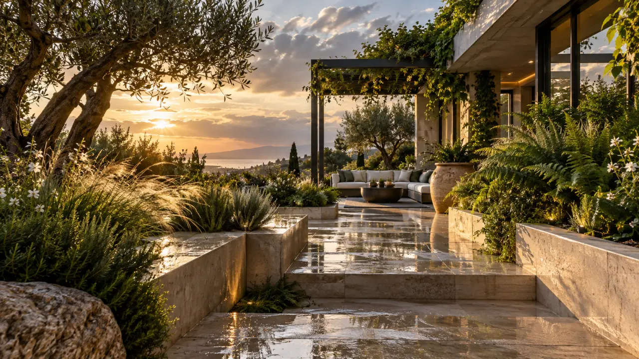 Terrasse minérale transformée en jardin refuge avec végétation luxuriante et mobilier élégant