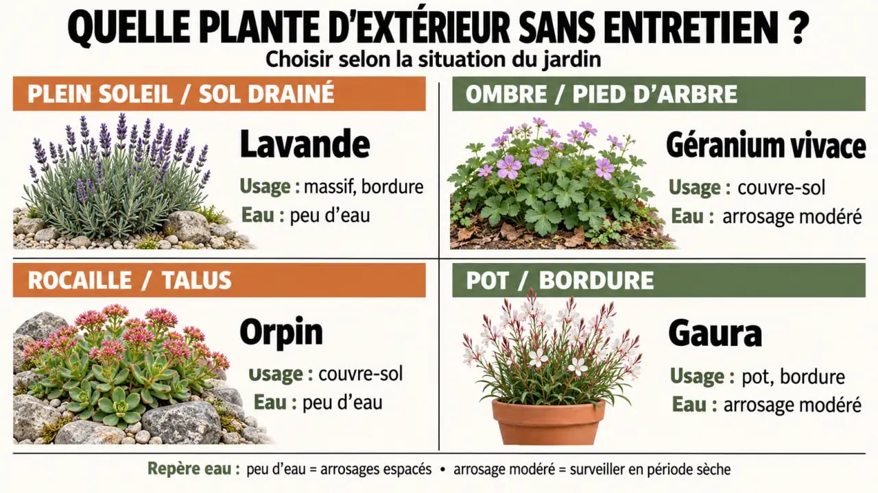 Infographie pour choisir une plante extérieur sans entretien selon l'exposition et le type de sol