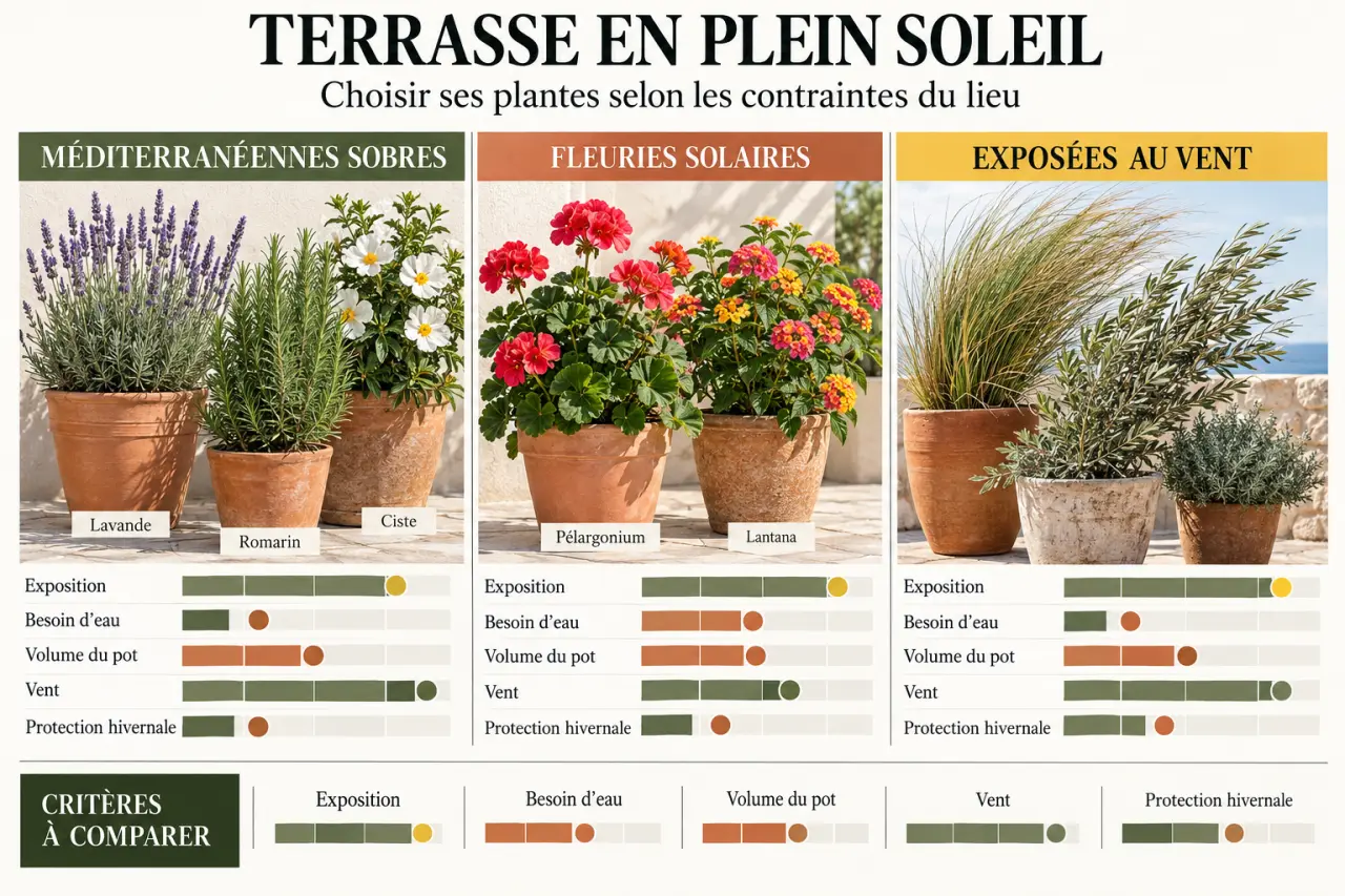Plante terrasse ensoleillée : choix de lavande, romarin, pélargonium et lantana selon le vent et l’arrosage