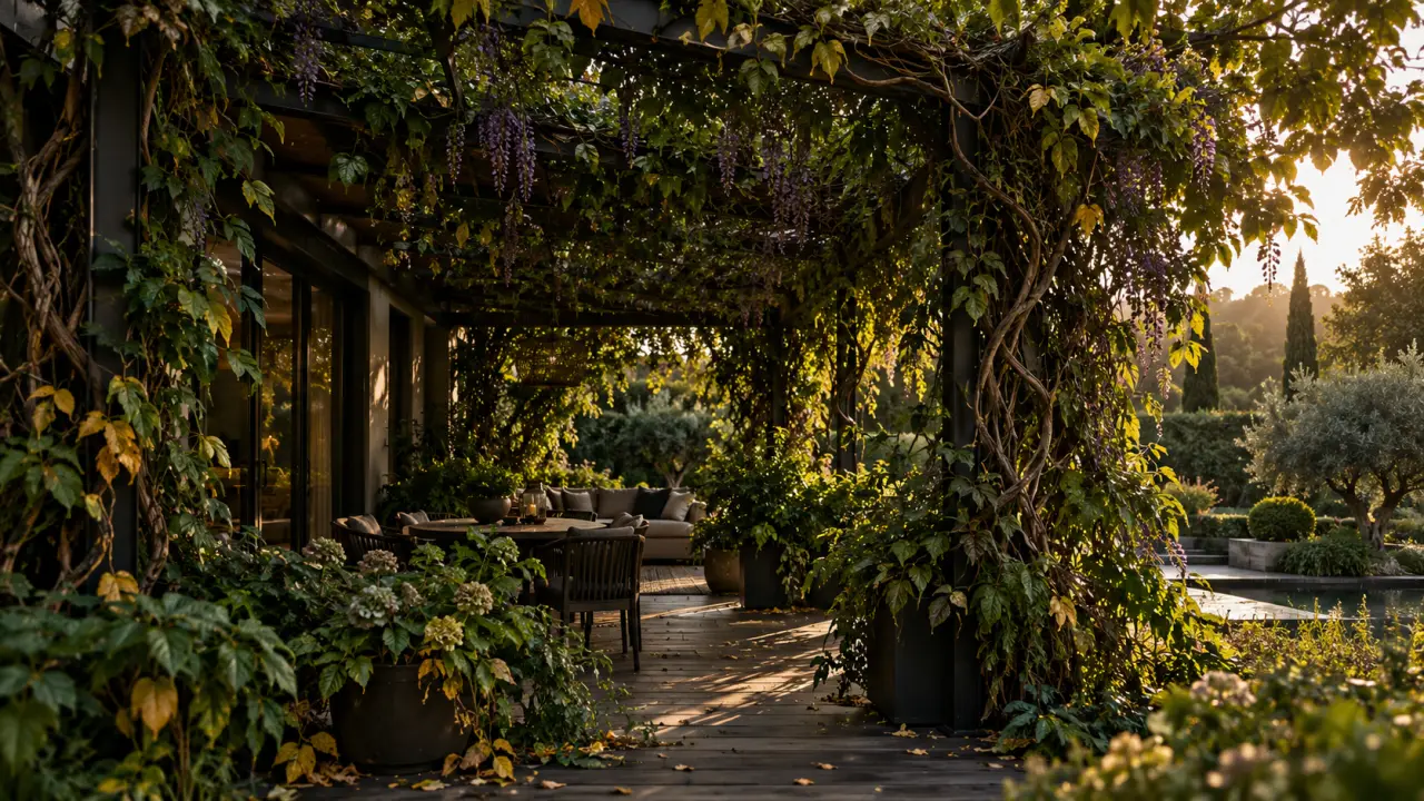 Pergola moderne en bois et métal couverte de plantes grimpantes et de fleurs