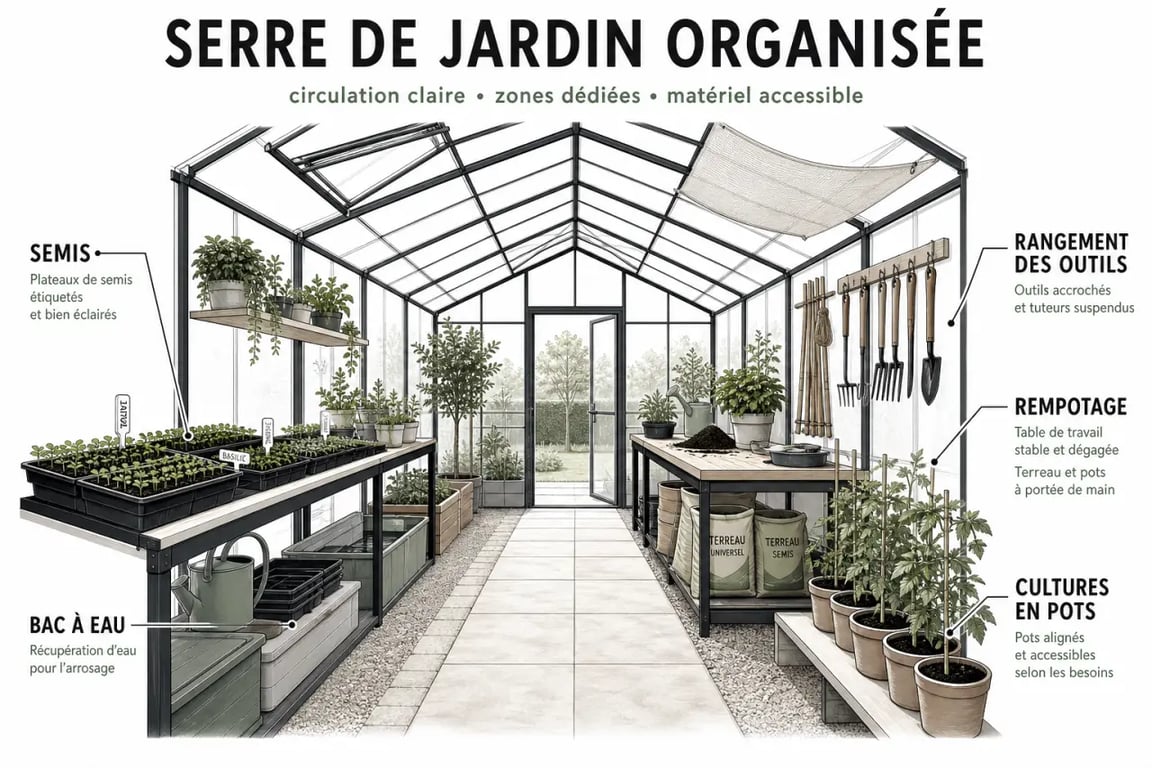 Aménagement serre de jardin avec allée centrale, zones de culture et accessoires utiles