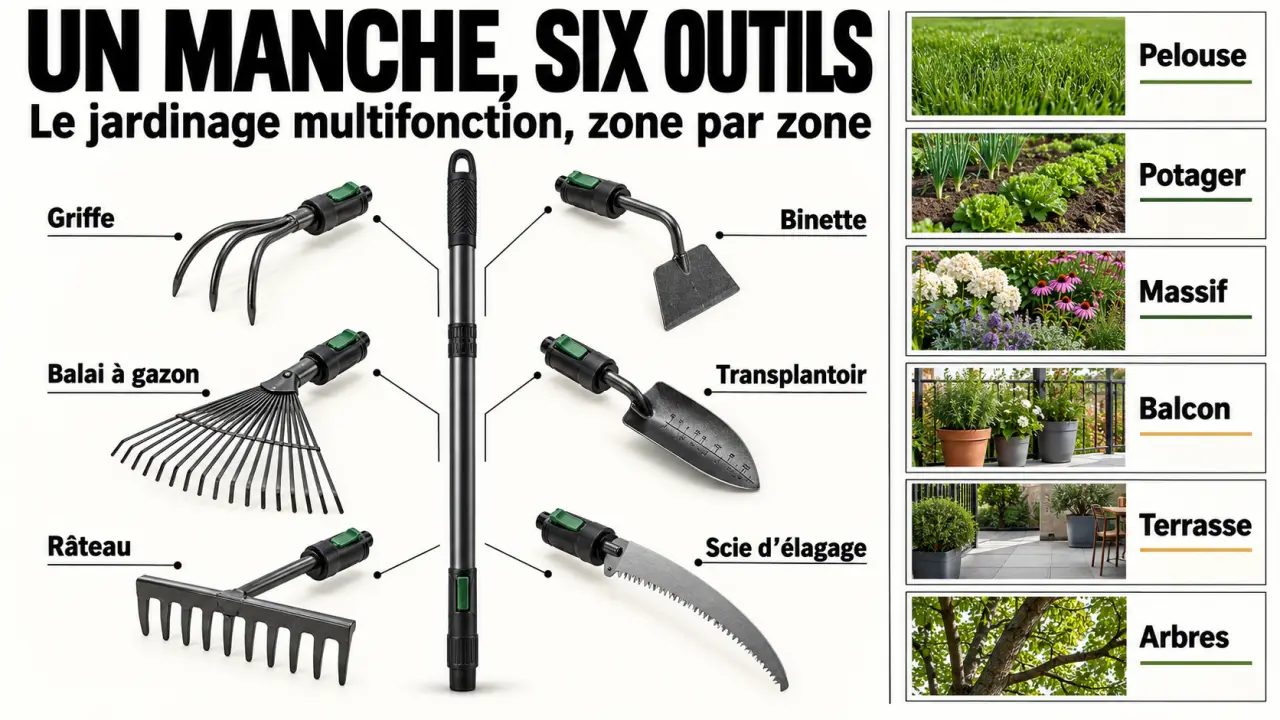 Infographie des outils de jardinage multifonction avec un manche et plusieurs accessoires selon les zones du jardin