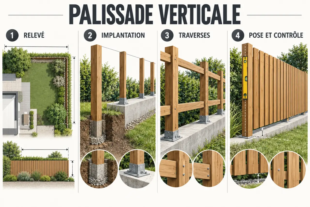 Illustration des étapes de pose d’une palissade bois verticale sur sol et sur muret