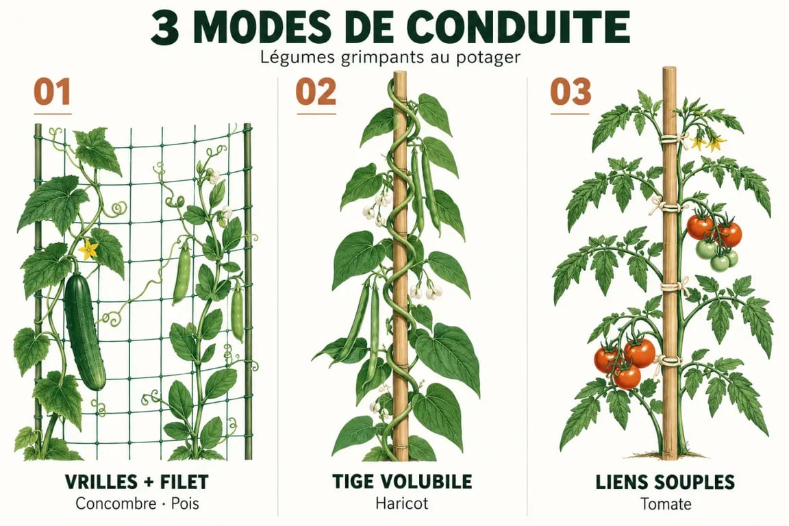 Légumes grimpants potager : vrilles, tiges volubiles et tomates à palisser sur différents supports